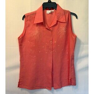 Danny Roberts Women's Pink Collared Button-Up Sleeveless Linen Blouse L